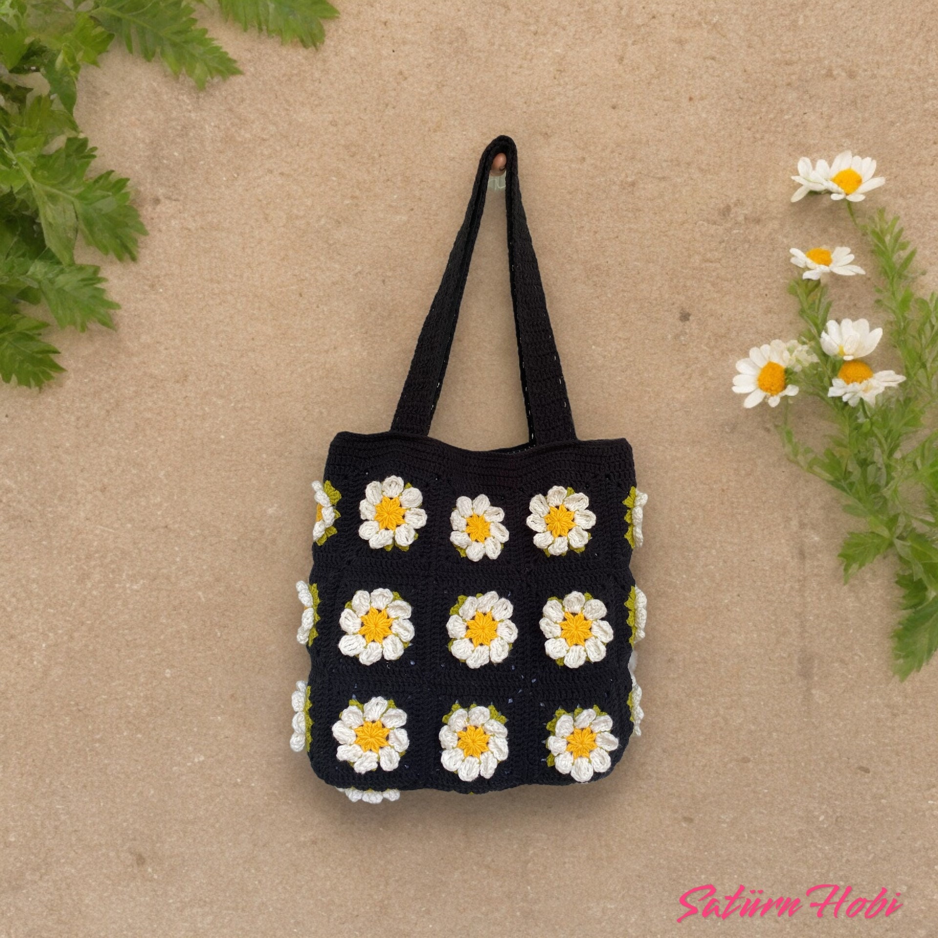 Crochet Granny Square Black Tote Bag, Crochet 3D Flower