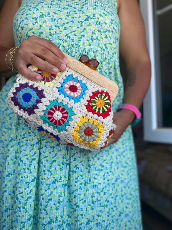 Crochet Granny Square Wooden Kiss Lock Purse, Crochet Colorful