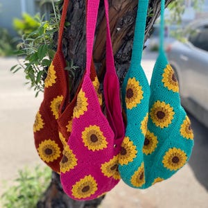 Granny Square Bag, Handmade Crochet Sunflower Colorful Tote Bag With Lined, Handcrafted Knitted Floral Shoulder Bag