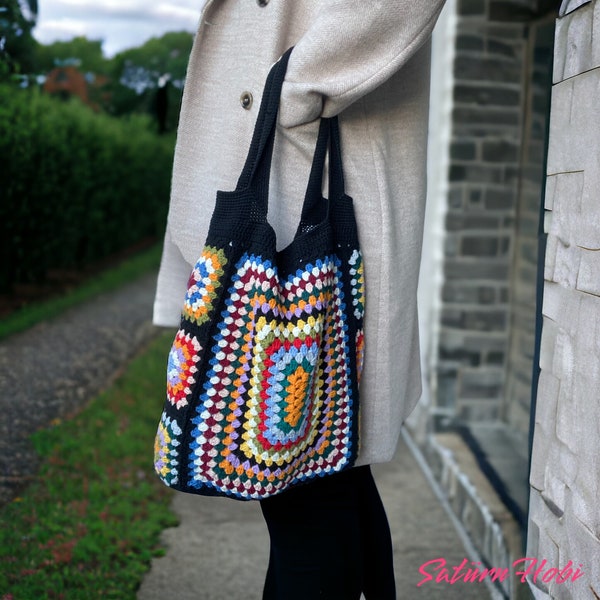 Crochet Granny Square XL Tote Bag, Shoulder Bag, Crochet Big Size Bag With Lined, Handmade Black Boho Style Bag With Zippered Compartment