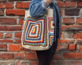 XXL Granny Square Tote Bag, Crochet Big Size Boho Bag With Lined, Crochet Shopping And Market Bag, Crochet Afghan Bag, Hippie Style Bag