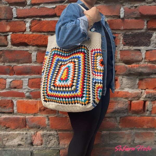 XXL-Oma-Quadrat-Einkaufstasche, gehäkelte große Boho-Tasche mit Futter, gehäkelte Einkaufs- und Markttasche, gehäkelte afghanische Tasche, Tasche im Hippie-Stil