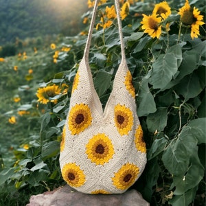 Granny Square Bag, Handmade Crochet Sunflower Beige Tote Bag With Lined, Handcrafted Knitted Floral Shoulder Bag