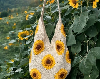 おばあちゃんスクエアバッグ、ハンドメイドかぎ針編みのひまわり柄ベージュトートバッグ（裏地付き）、ハンドクラフトニットの花柄ショルダーバッグ