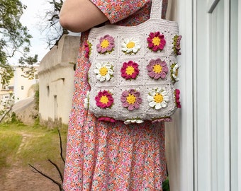 Gehäkelte quadratische Oma-Einkaufstasche, gehäkeltes 3D-Blumendesign, rosa Blumentasche für Frühling und Sommer mit Futter