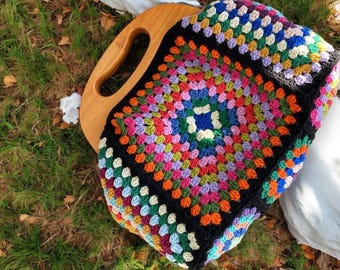 Crochet Granny Square  Clasp Purse, Wooden Kiss Lock Clutch, Wooden Handle Black Bag Lined With Adjustable Strap