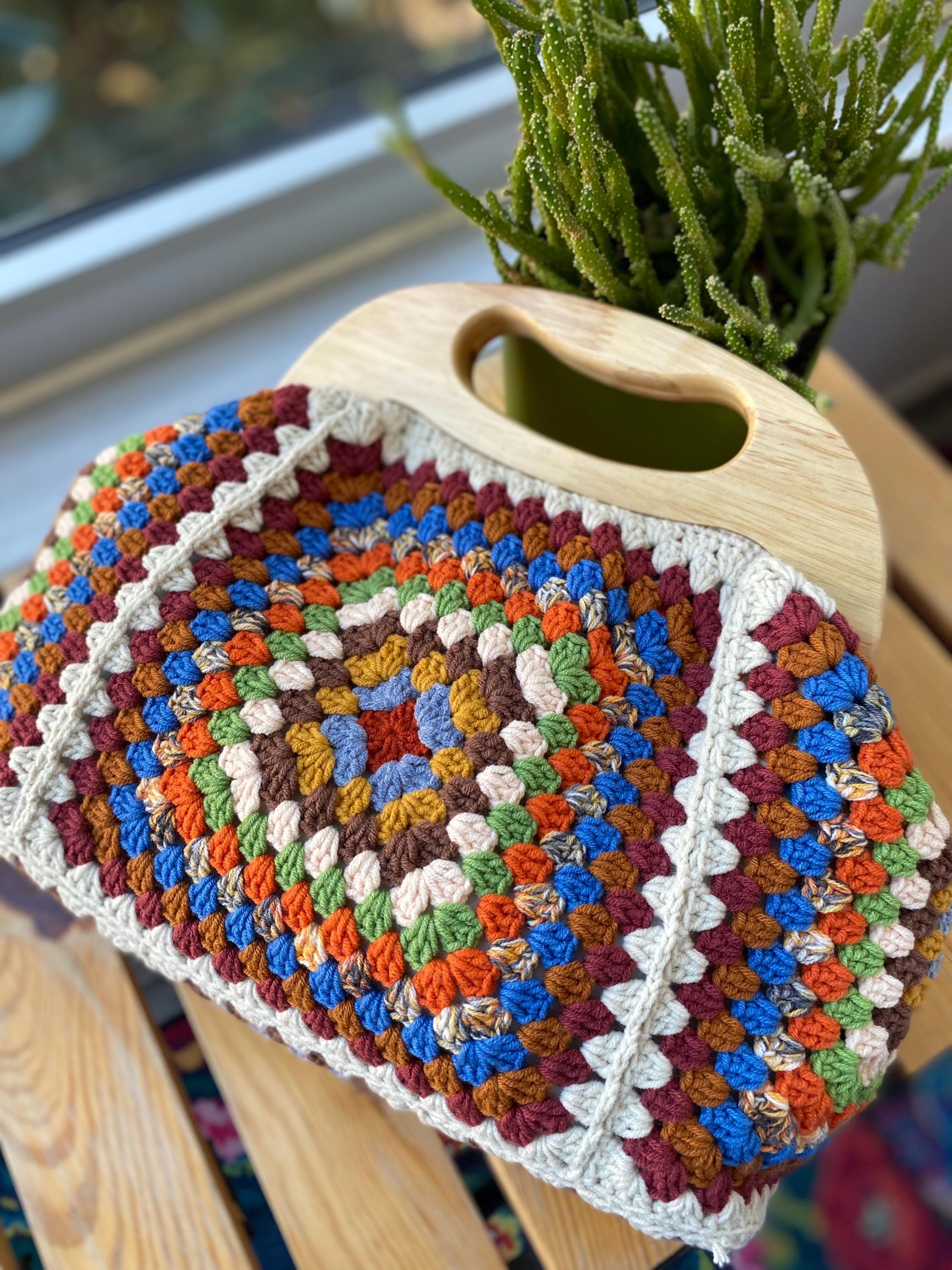 Crochet Granny Square Clasp Purse, Wooden Kiss Lock Clutch, Wooden Handle Black Bag Lined With Adjustable Strap