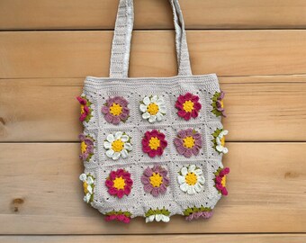 Crochet Granny Square Tote Bag, Crochet 3D Flower Design