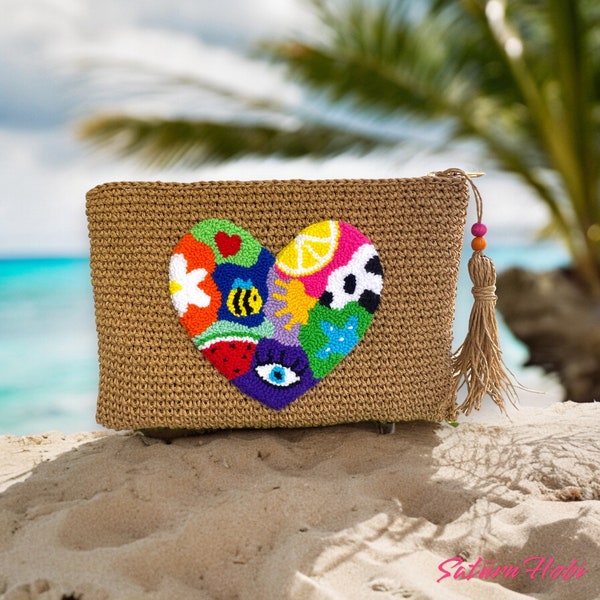 Crochet Paper Rope Clutch Bag With Punch Needle, Straw Summer Handbag With Zippered Lined, Knitted Raffia Beach Purse