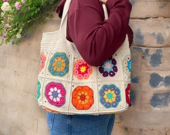 Colorful Ethnic Weekend Bag, Handmade Luxury Shoulder Bag with African Flower , Crochet Granny Square Woman Purse, Crochet Tote Bag
