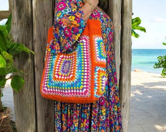 Bolso tote naranja XXL Grandma Square, bolso boho tamaño grande de crochet con forro, bolso de compras y mercado de crochet, bolso estilo hippie de crochet
