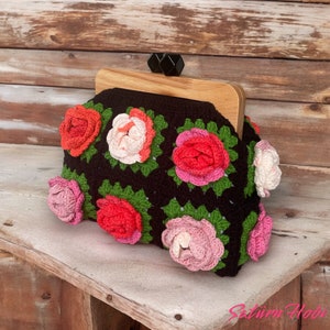 Colorful Crochet Wooden Kiss Lock Clutch, Granny Square Bag Lined With Adjustable Strap, Handmade Vintage Style Clasp Pouch