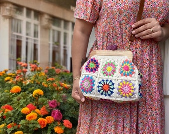 Crochet Granny Square Wooden Kiss Lock Purse, Crochet Colorful Clutch Bag, Summer Bag