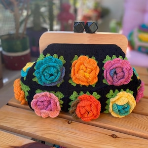 Colorful Crochet Wooden Kiss Lock Black Clutch, Granny Square Bag Lined With Adjustable Strap, Handmade Vintage Style Clasp Pouch