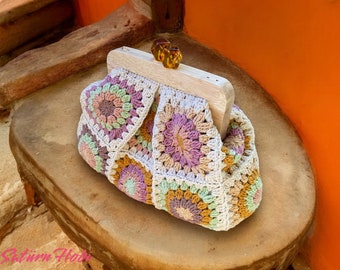 Soft Colors Crochet Wooden Kiss Lock Big Clutch, Granny Square Bag Lined With Strap, Handmade Vintage Style Clasp Pouch