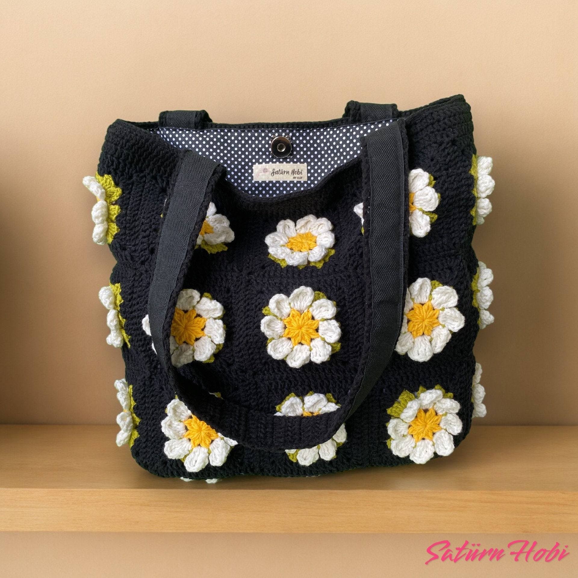 トートバッグ NOTHING EVERYTHING : 24FW / CROCHET FLOWER TOTE BAG (BLACK) Crochet Granny Square Black Tote Bag, Crochet 3D Flower