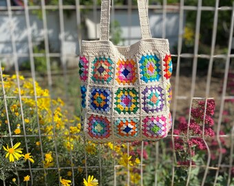 Crochet Colorful Granny Square Tote Bag With Lined, Market