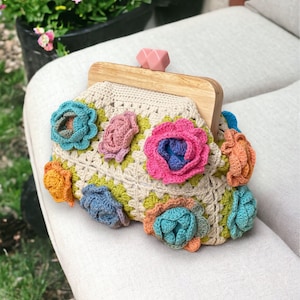 Colorful Crochet Wooden Kiss Lock Clutch, Granny Square Bag Lined With Adjustable Strap, Handmade Vintage Style Clasp Pouch