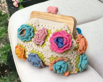 Colorful Crochet Wooden Kiss Lock Clutch, Granny Square Bag Lined With Adjustable Strap, Handmade Vintage Style Clasp Pouch