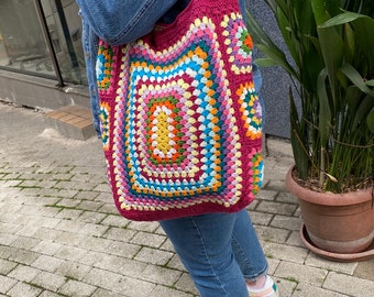 Crochet Granny Square XL Tote Bag, Crochet Shoulder Bag, Crochet Big Size Bag With Lined, Handmade Colorful Boho Style Bag