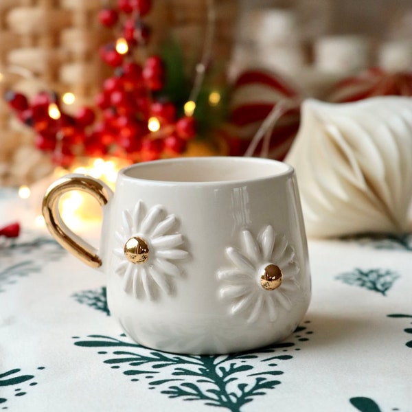 DAİSY CUP- Daisy Papatya  Ceramic Xmas Tea Cup with Handle