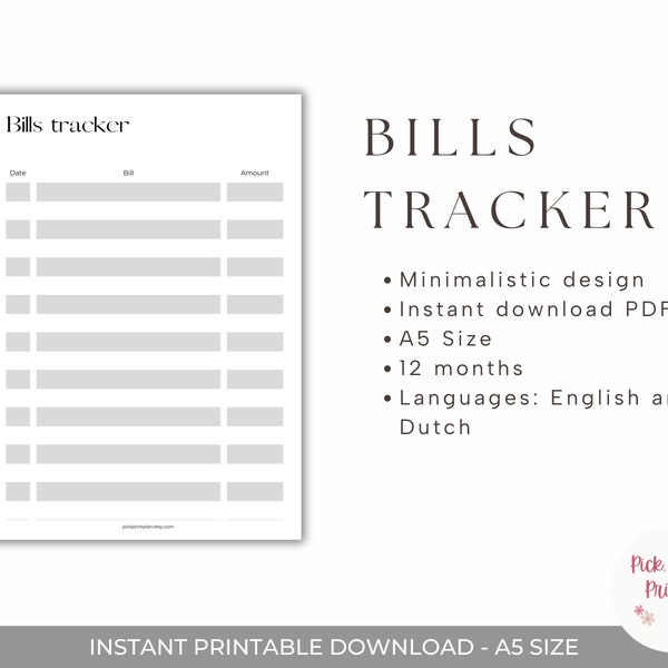 Rekeningen tracker, vaste lasten, ongedateerd, digitale download, printable, A5 formaat, Nederlands, Engels, 1 jaar, minimalistisch design