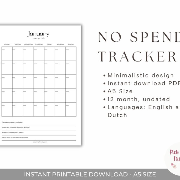 No spend tracker, ongedateerd, digitale download, printable, A5 formaat, Nederlands, Engels, 12 maanden, challenge, minimalistisch design