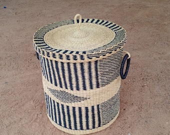 Extra Large Bolga Laundry Basket with Lid, African Woven Hamper