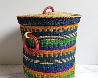 Woven Bolga Laundry Basket with Lid, African Wicker Storage