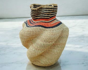 Handwoven Bolga Basket – Burnt Orange & Black Artisan Vase