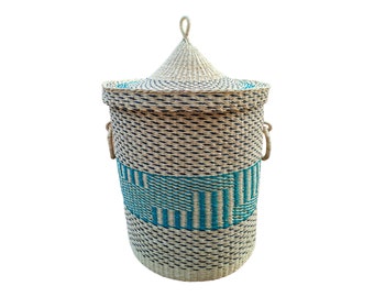 Bolga Woven Laundry Basket with Lid, African Storage Basket
