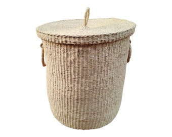 Bolga Woven Laundry Basket with Lid, African Wicker Storage