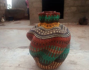 Handmade Bolga Pot Basket, Woven African Home Decor (16x18 in)
