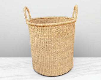 Handmade Bolga Woven Laundry Basket, African Storage with Handles