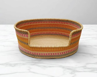 Dog Bed Basket,Wicker Basket for Dog,Large Dog Bed with Pad,Rattan Pet Bed,Bolga Puppy Bed, Handmade Dog Bed,Ghana Straw Basket,