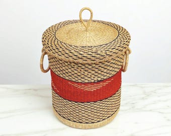 Bolga Woven Laundry Basket with Lid, African Wicker Storage Basket