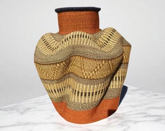 Handmade Bolga Pot Basket: African Woven Flower Vase, 16x18 in