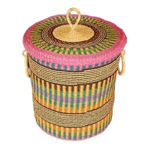 Extra Large Laundry Basket,African Basket for Clothes,Storage Basket with Lid,Rattan Hamper Basket with Handles,Ghana Basket for Storage,