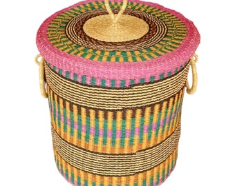 Extra Large Laundry Basket,African Basket for Clothes,Storage Basket with Lid,Rattan Hamper Basket with Handles,Ghana Basket for Storage,