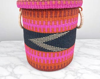 Woven African Laundry Basket with Lid, Ghana Basket, 24 in