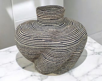 Handwoven Pot Basket – Unique Decorative Vase Basket | Wavy Striped Bolga Basket | Organic African Basket Art | Statement Home Decor Piece