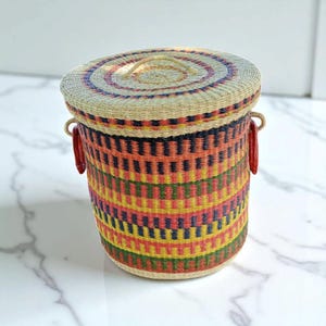 Storage Basket with Lid,African Basket for Clothes,Laundry Basket,Rattan Hamper Basket with Handles,Ghana Basket,Bolaga basket