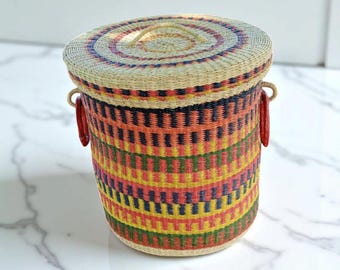 Woven African Storage Basket with Lid, Bolga Laundry Hamper