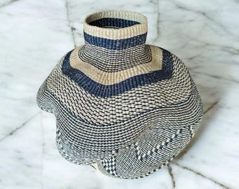 Handwoven African Vase Basket – Wavy Bolga Art, Home Decor