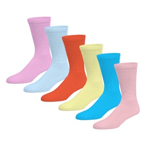 May include: Six pairs of crew socks in assorted colors: light pink, light blue, orange, yellow, blue, and pink. The socks are all folded and arranged in a row.
