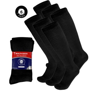 May include: Six pairs of black over-the-calf health socks. The socks are made of a soft, breathable material and are designed to provide support and comfort. The packaging features the text "Health Socks" and "Over the Calf".