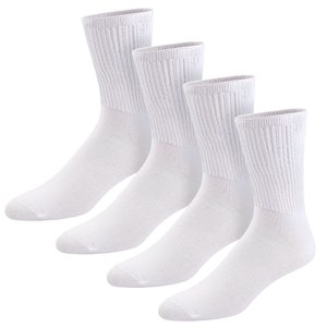 May include: Four pairs of white crew socks. The socks are made of a soft, comfortable material and are perfect for everyday wear.