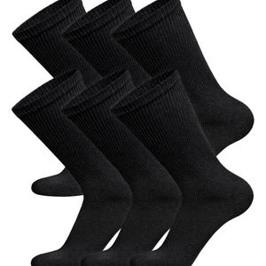 May include: Six pairs of black crew socks. The socks are made of a soft, comfortable material and are perfect for everyday wear.