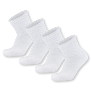 May include: Four pairs of white crew socks. The socks are made of a soft, comfortable material and are perfect for everyday wear.