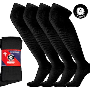 May include: Four pairs of black over-the-knee socks with a waffle knit texture. The socks are made of a cotton blend and are packaged with a label that reads "Crooklyn Socks Over the Knee Cotton Blend".